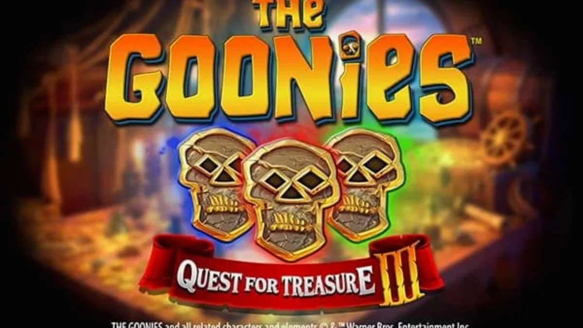 The Goonies Quest for Treasure 3 slot game interface with treasure map and pirate symbols