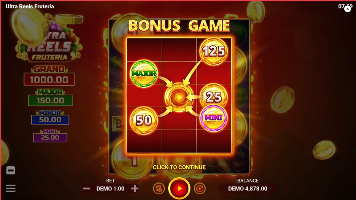 Tampilan visual slot Ultra Reels Fruteria dengan simbol buah-buahan yang cerah dan latar belakang bernuansa emas.